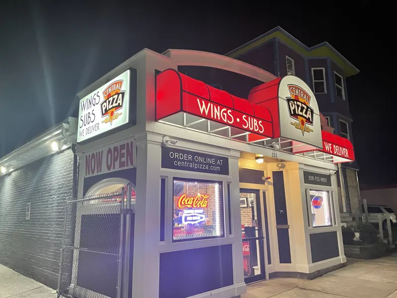 Central Pizza on Chandler Street, Worcester, lit up at night